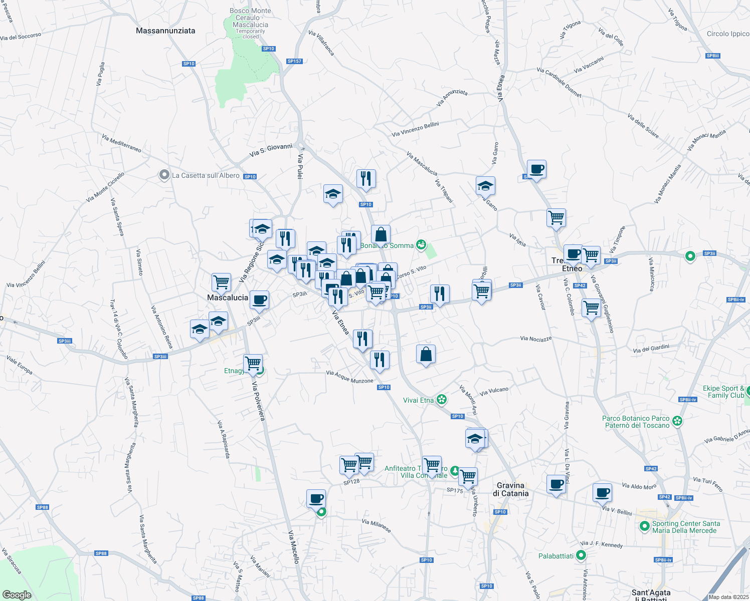 map of restaurants, bars, coffee shops, grocery stores, and more near 9 Viale S. Francesco in Mascalucia