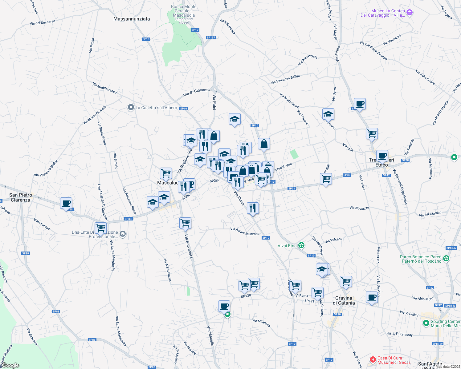 map of restaurants, bars, coffee shops, grocery stores, and more near 117 Via Etnea in Mascalucia