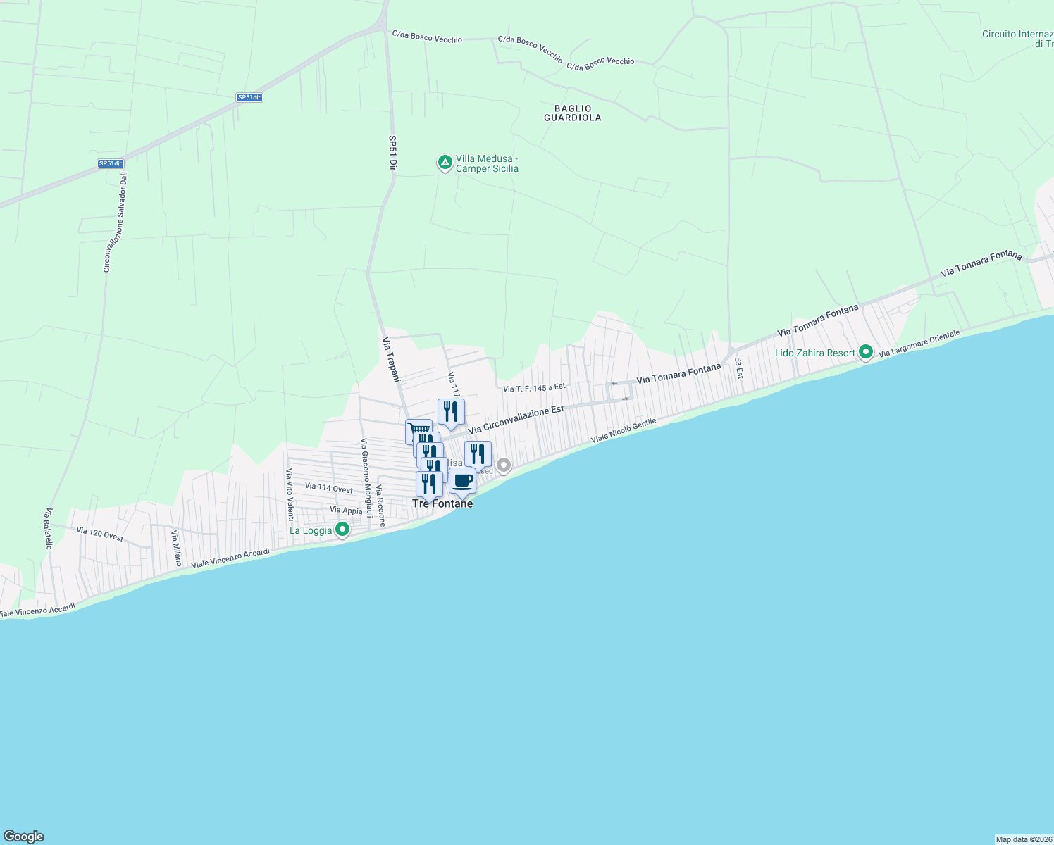 map of restaurants, bars, coffee shops, grocery stores, and more near Via Napoli in Tre Fontane