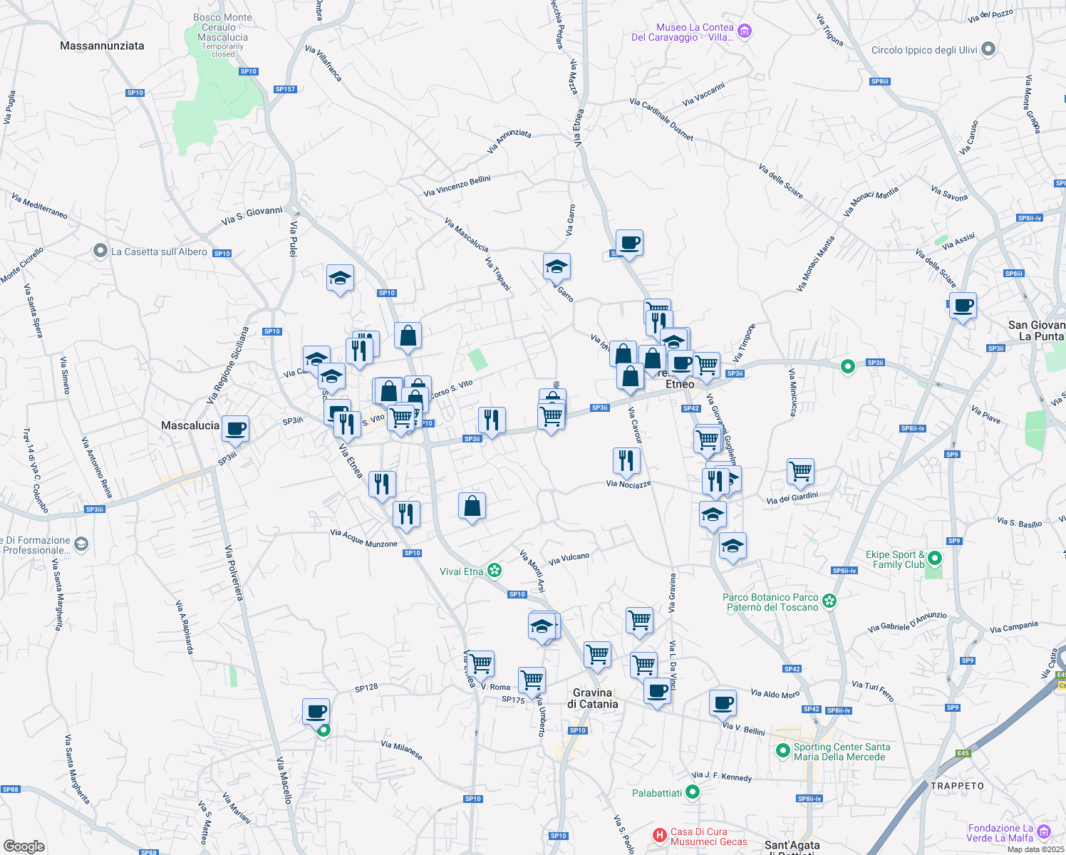 map of restaurants, bars, coffee shops, grocery stores, and more near 89 Via G. Marconi in Tremestieri Etneo