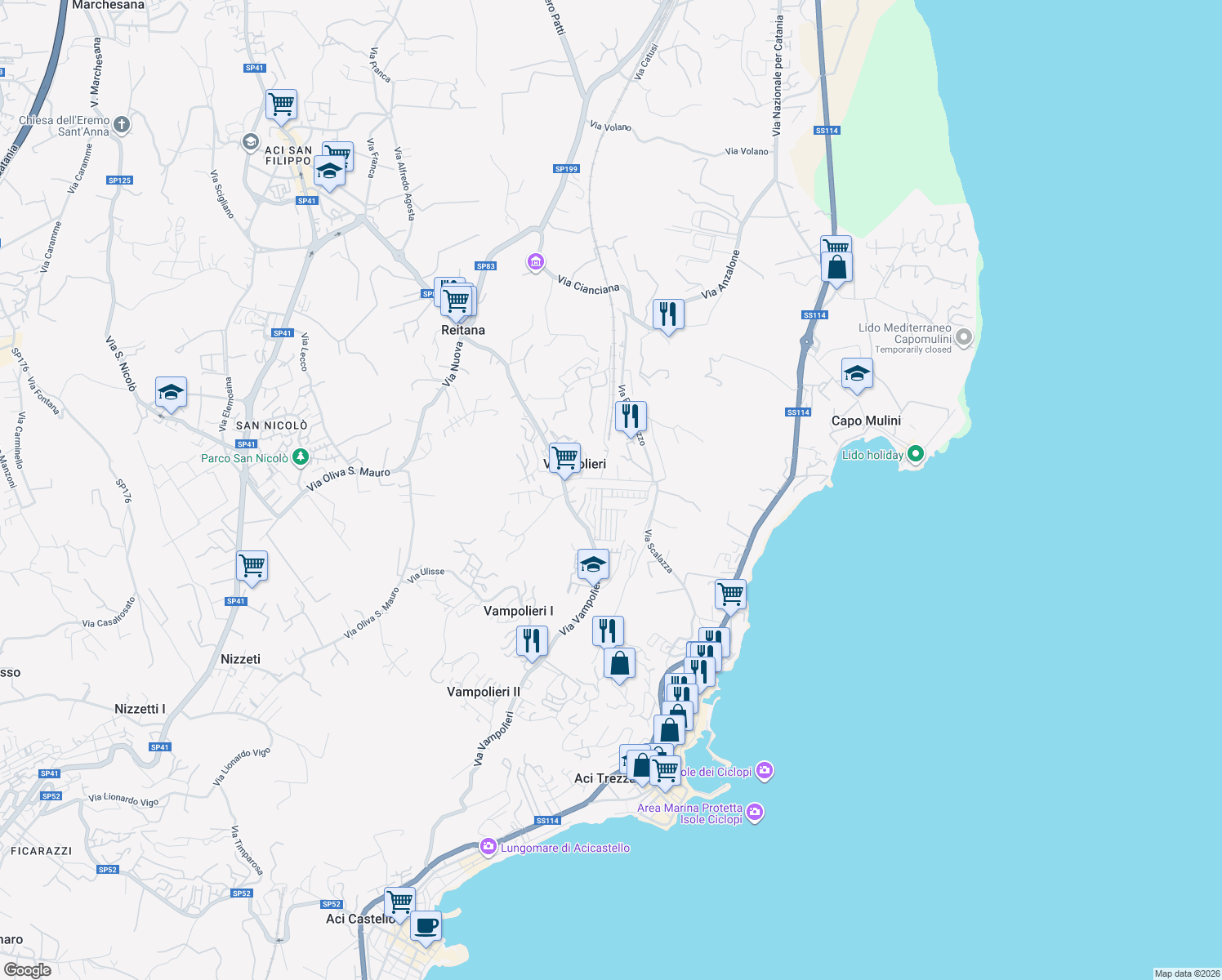 map of restaurants, bars, coffee shops, grocery stores, and more near 12 Via Principi Riggio in Vampolieri