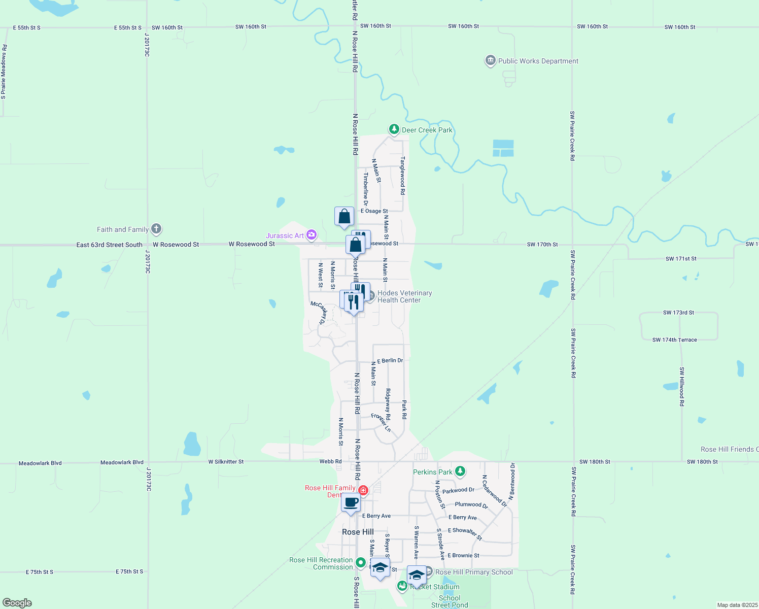 map of restaurants, bars, coffee shops, grocery stores, and more near 1014 Cedar Point Circle in Rose Hill