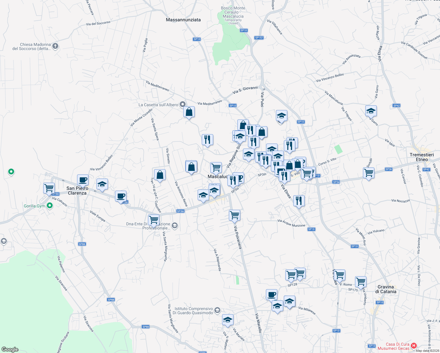 map of restaurants, bars, coffee shops, grocery stores, and more near 75 Via IV Novembre in Mascalucia