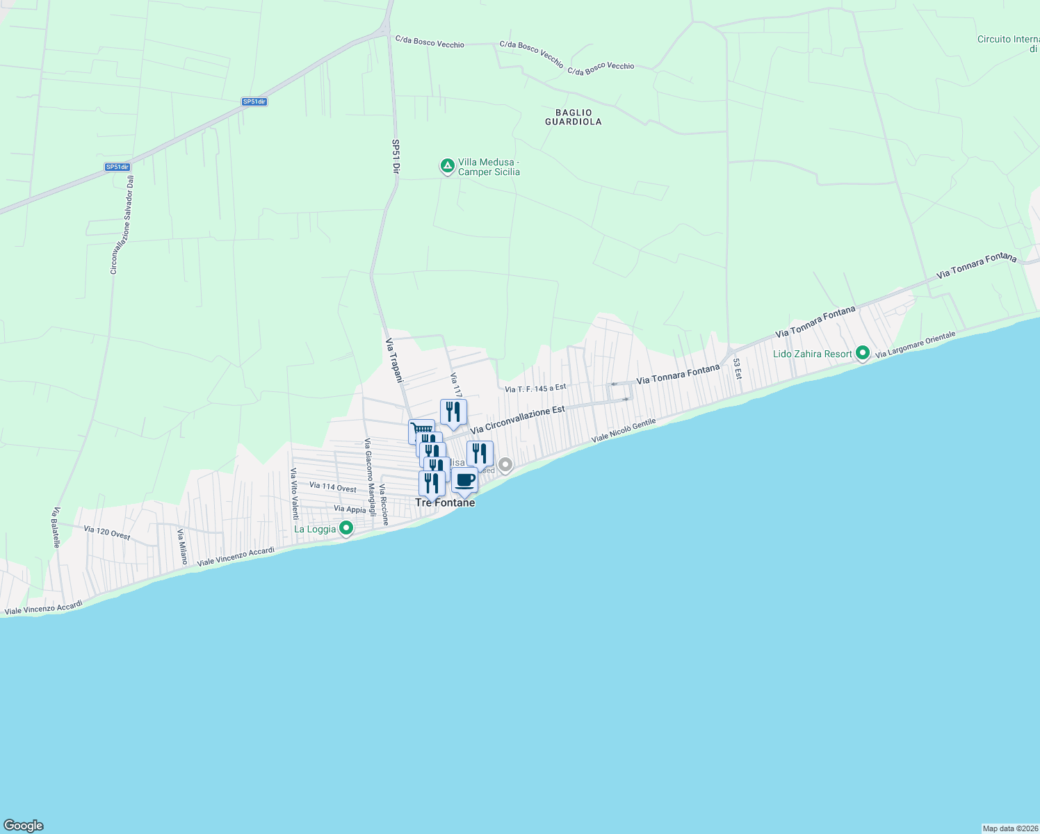 map of restaurants, bars, coffee shops, grocery stores, and more near Via Napoli in Tre Fontane