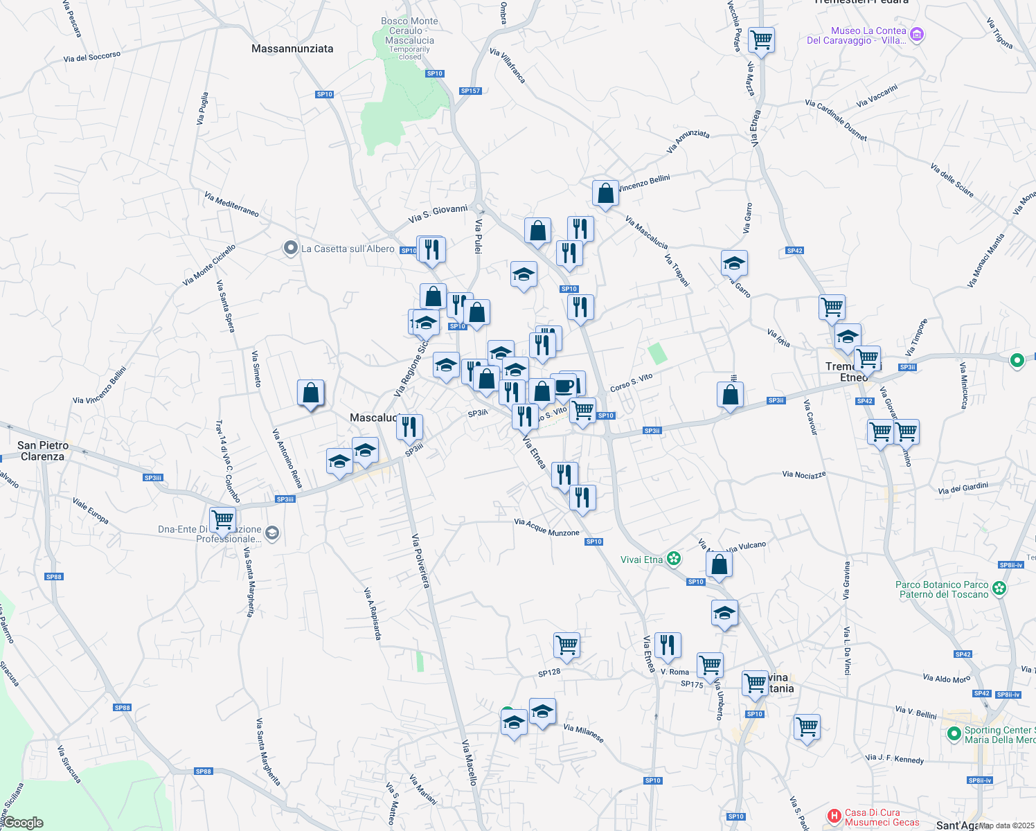 map of restaurants, bars, coffee shops, grocery stores, and more near 117 Via Etnea in Mascalucia
