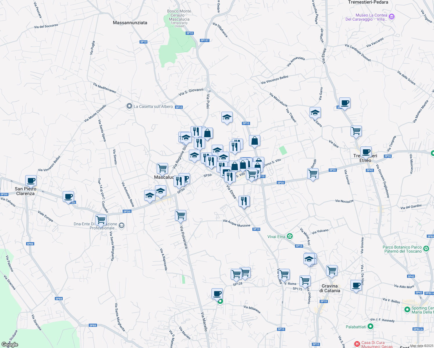 map of restaurants, bars, coffee shops, grocery stores, and more near in Mascalucia