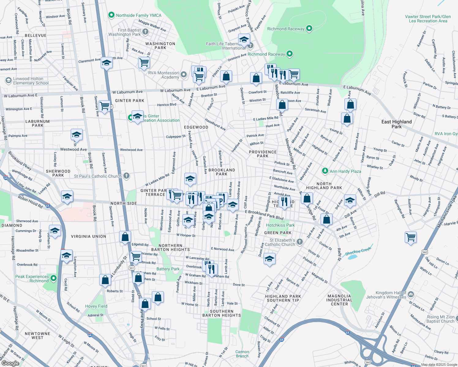 map of restaurants, bars, coffee shops, grocery stores, and more near 3120 Lamb Avenue in Richmond