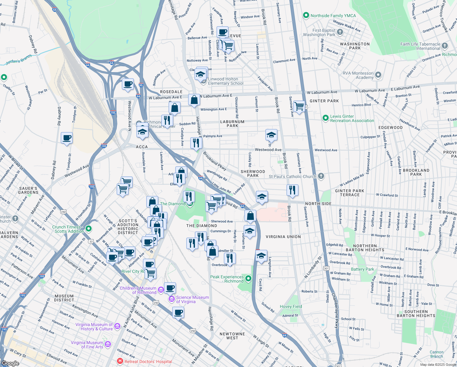 map of restaurants, bars, coffee shops, grocery stores, and more near 1411 Wentbridge Road in Richmond
