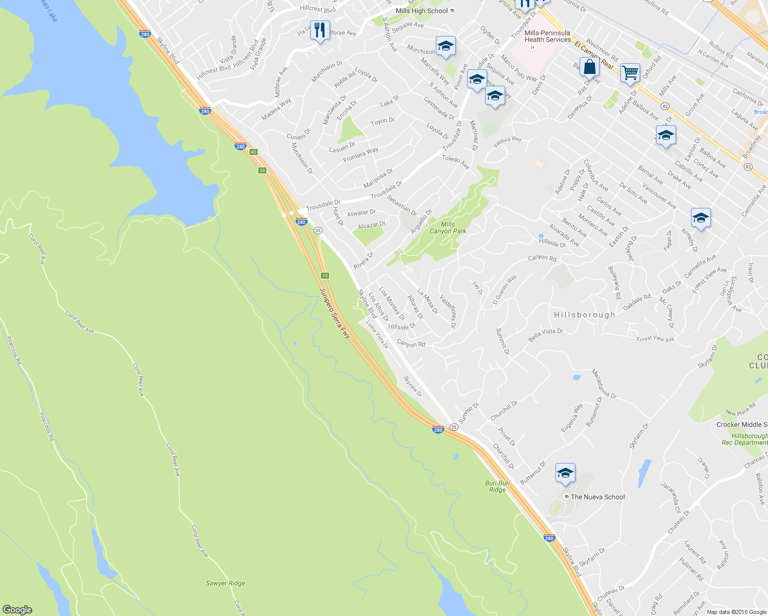 map of restaurants, bars, coffee shops, grocery stores, and more near 1522 Los Altos Dr in Burlingame
