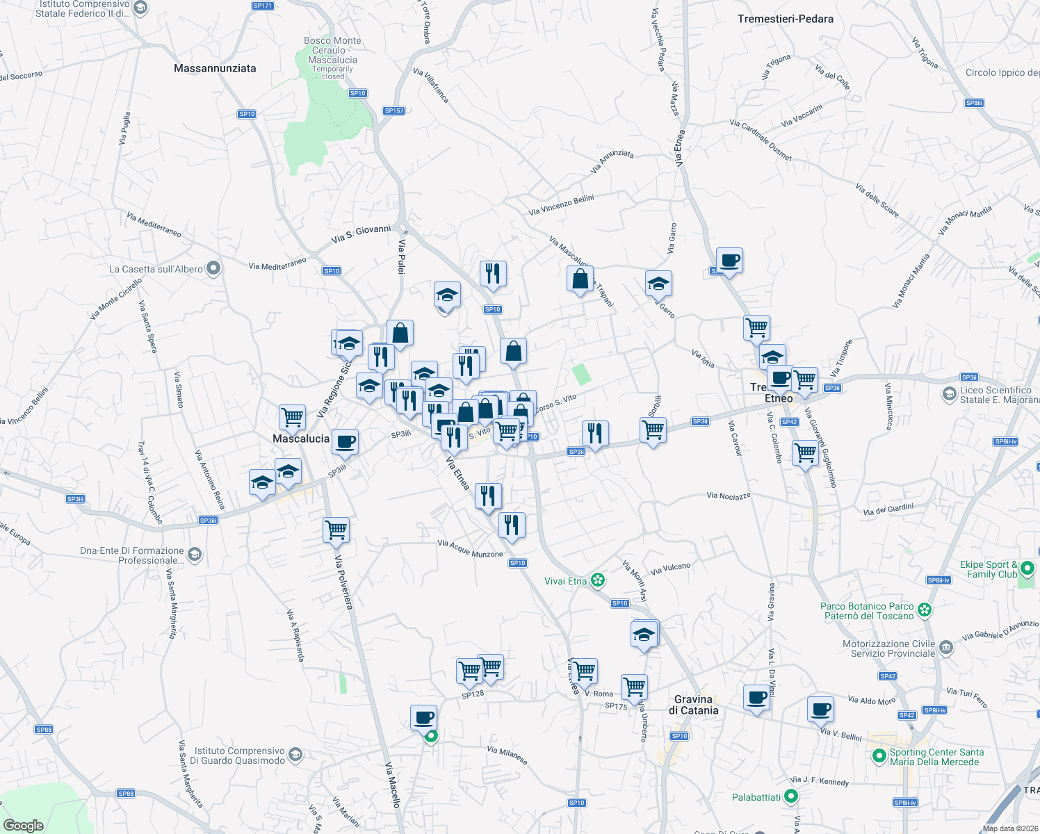 map of restaurants, bars, coffee shops, grocery stores, and more near 115 Corso S. Vito in Mascalucia