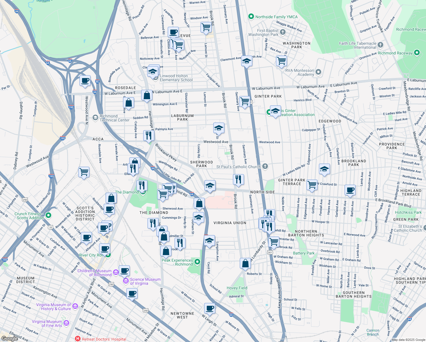 map of restaurants, bars, coffee shops, grocery stores, and more near 1227 Rennie Avenue in Richmond