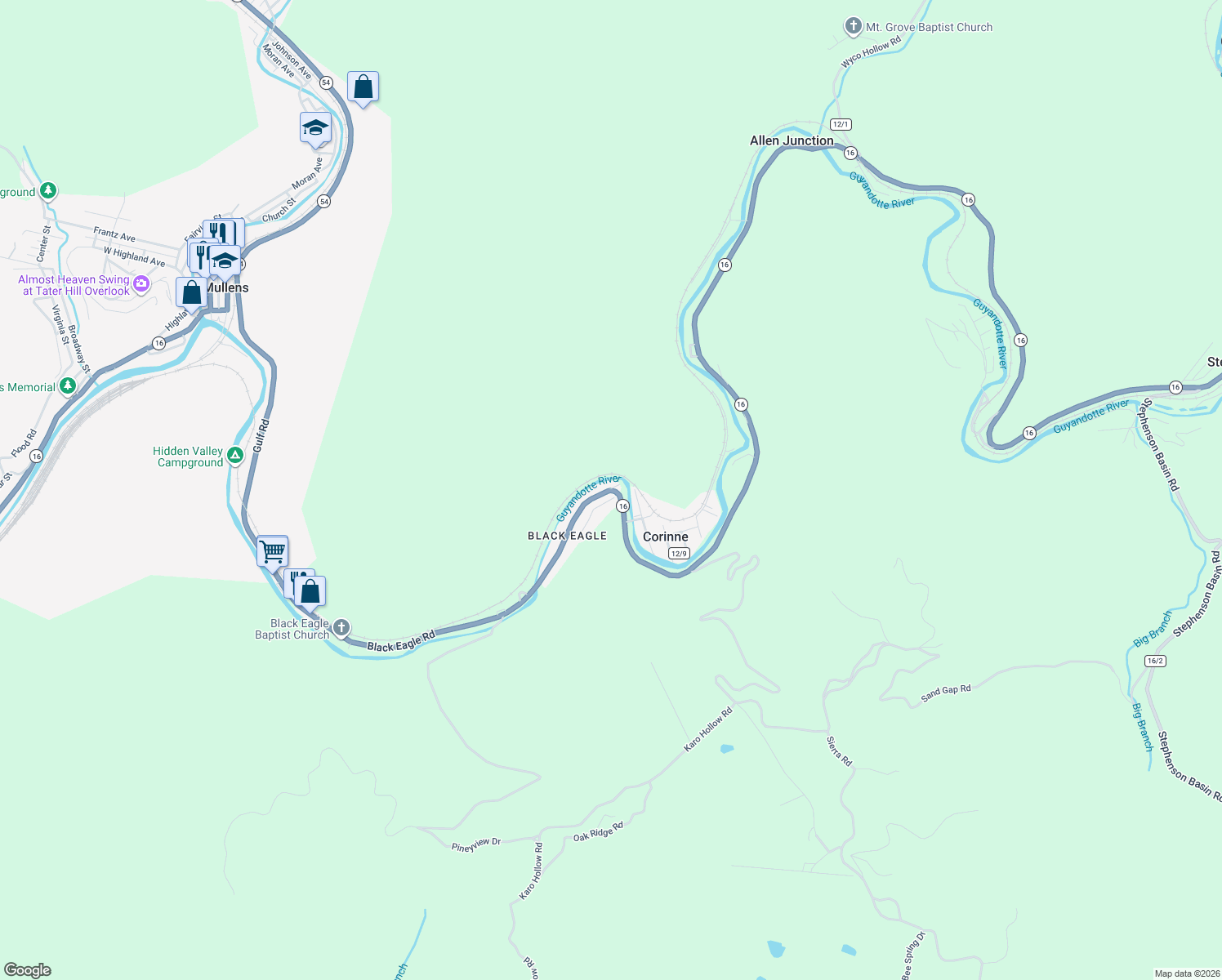 map of restaurants, bars, coffee shops, grocery stores, and more near West Virginia 16 in Corinne
