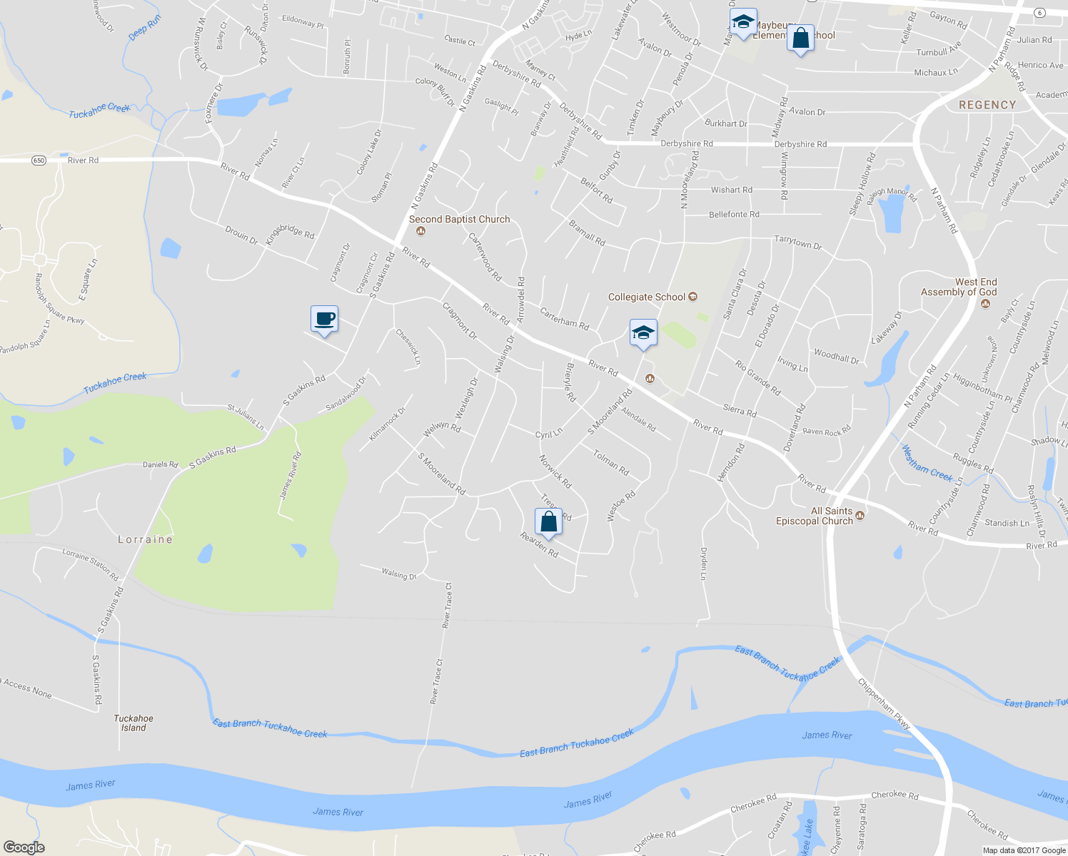 map of restaurants, bars, coffee shops, grocery stores, and more near 9009 Norwick Road in Richmond