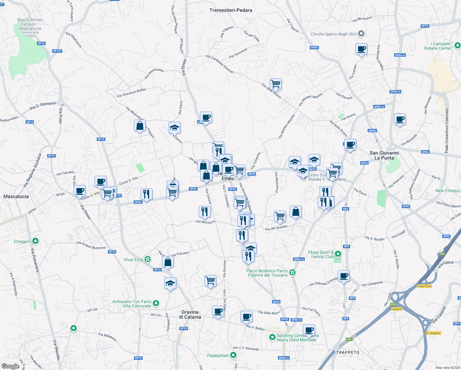 map of restaurants, bars, coffee shops, grocery stores, and more near 249 Via Etnea in Tremestieri Etneo