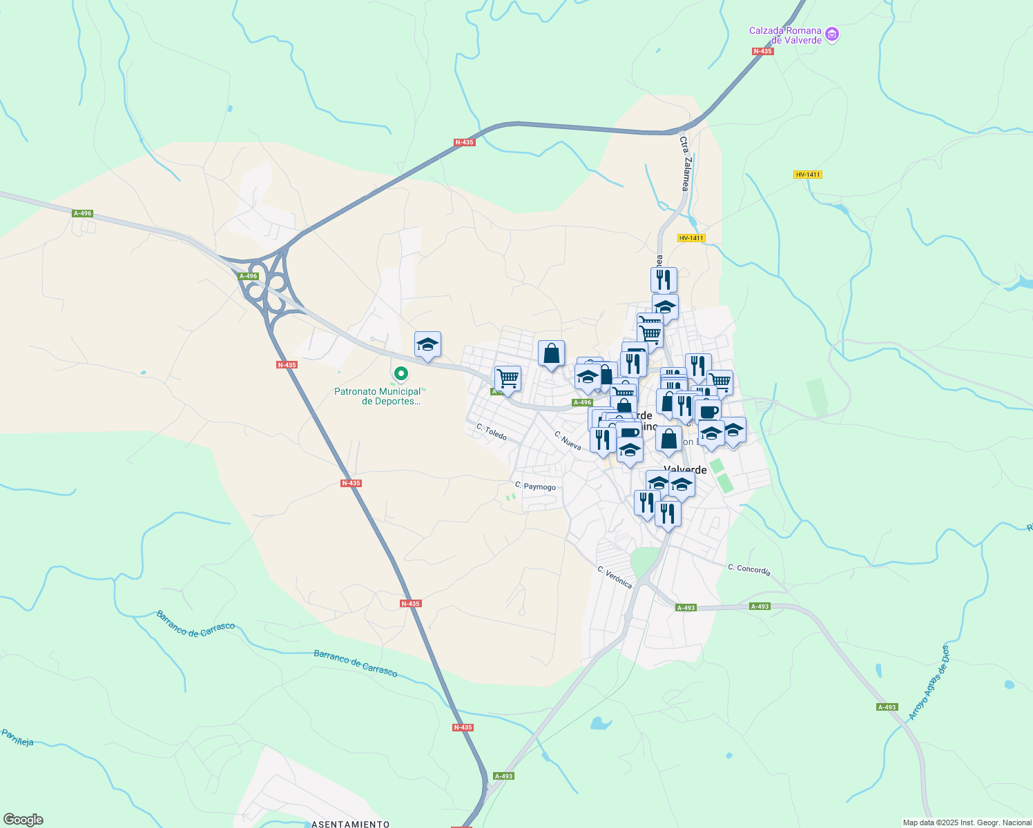 map of restaurants, bars, coffee shops, grocery stores, and more near 21a Calle Valencia in Valverde del Camino