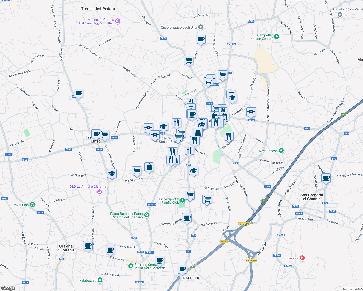 map of restaurants, bars, coffee shops, grocery stores, and more near 83 Via della Regione in San Giovanni La Punta