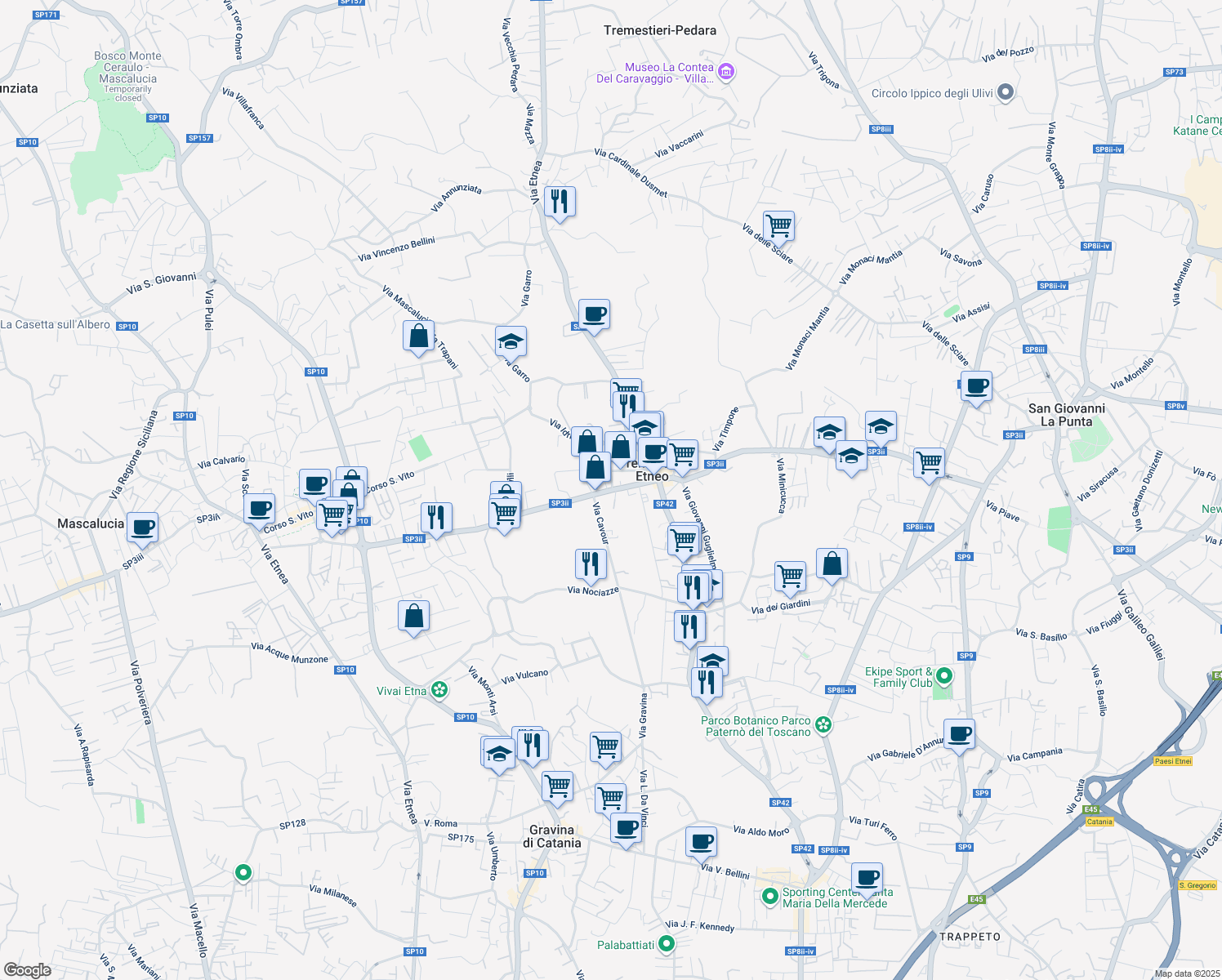 map of restaurants, bars, coffee shops, grocery stores, and more near 1 Via Orlando Vittorio Emanuele in Tremestieri Etneo