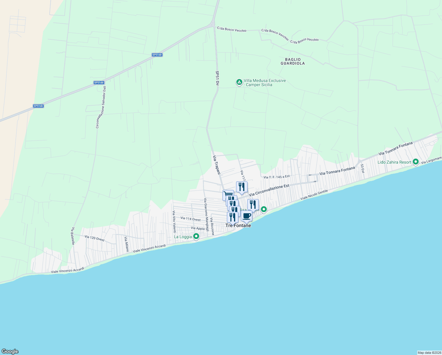 map of restaurants, bars, coffee shops, grocery stores, and more near 57 Via Trapani in Tre Fontane