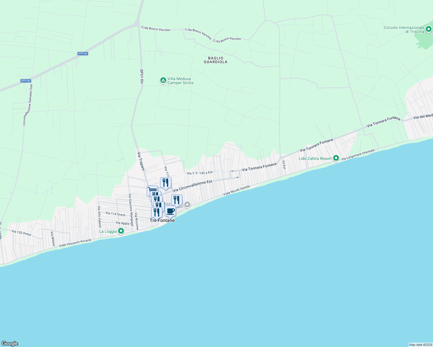map of restaurants, bars, coffee shops, grocery stores, and more near 24 Via 131 Est TF in Tre Fontane