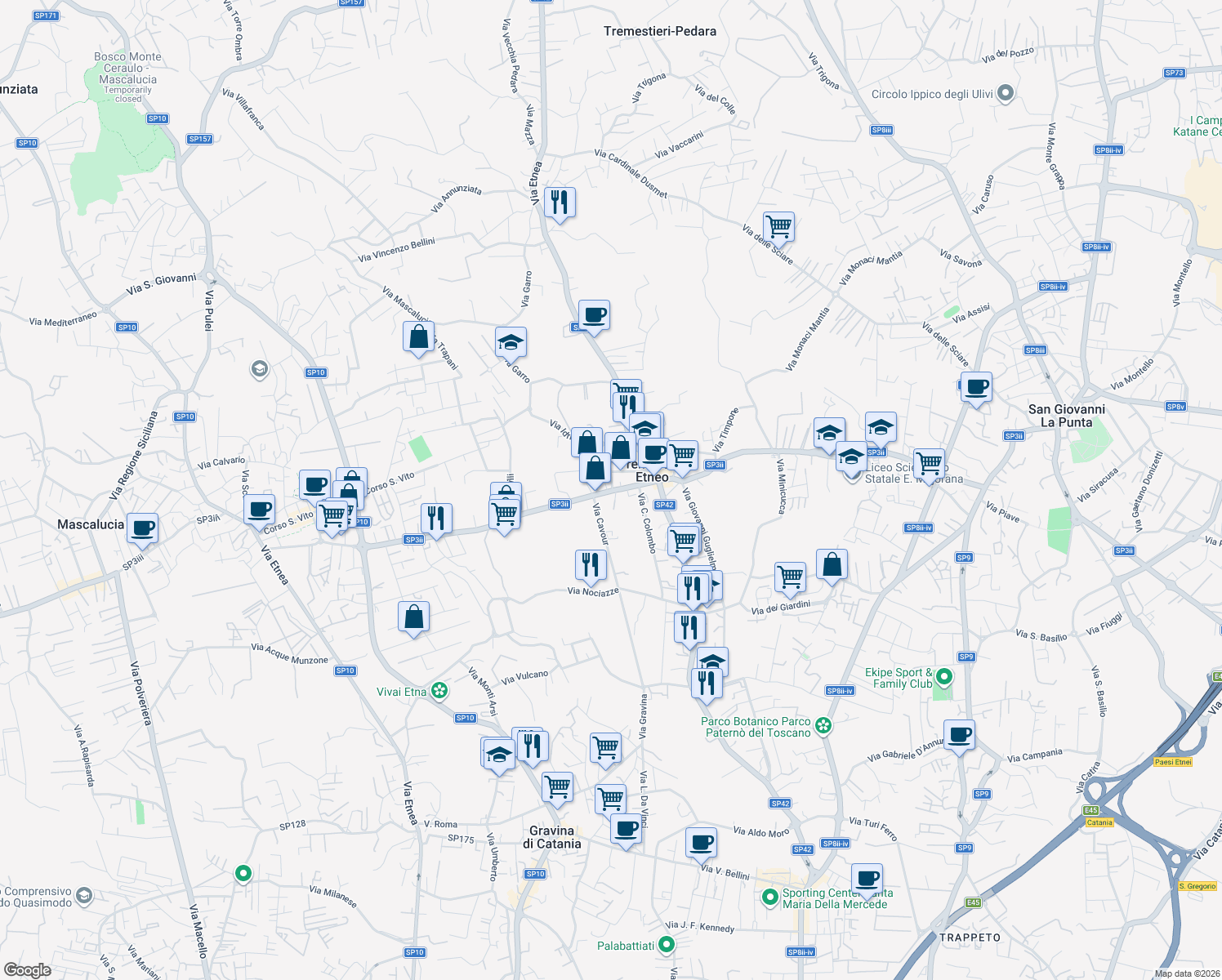 map of restaurants, bars, coffee shops, grocery stores, and more near 1 Via Orlando Vittorio Emanuele in Tremestieri Etneo