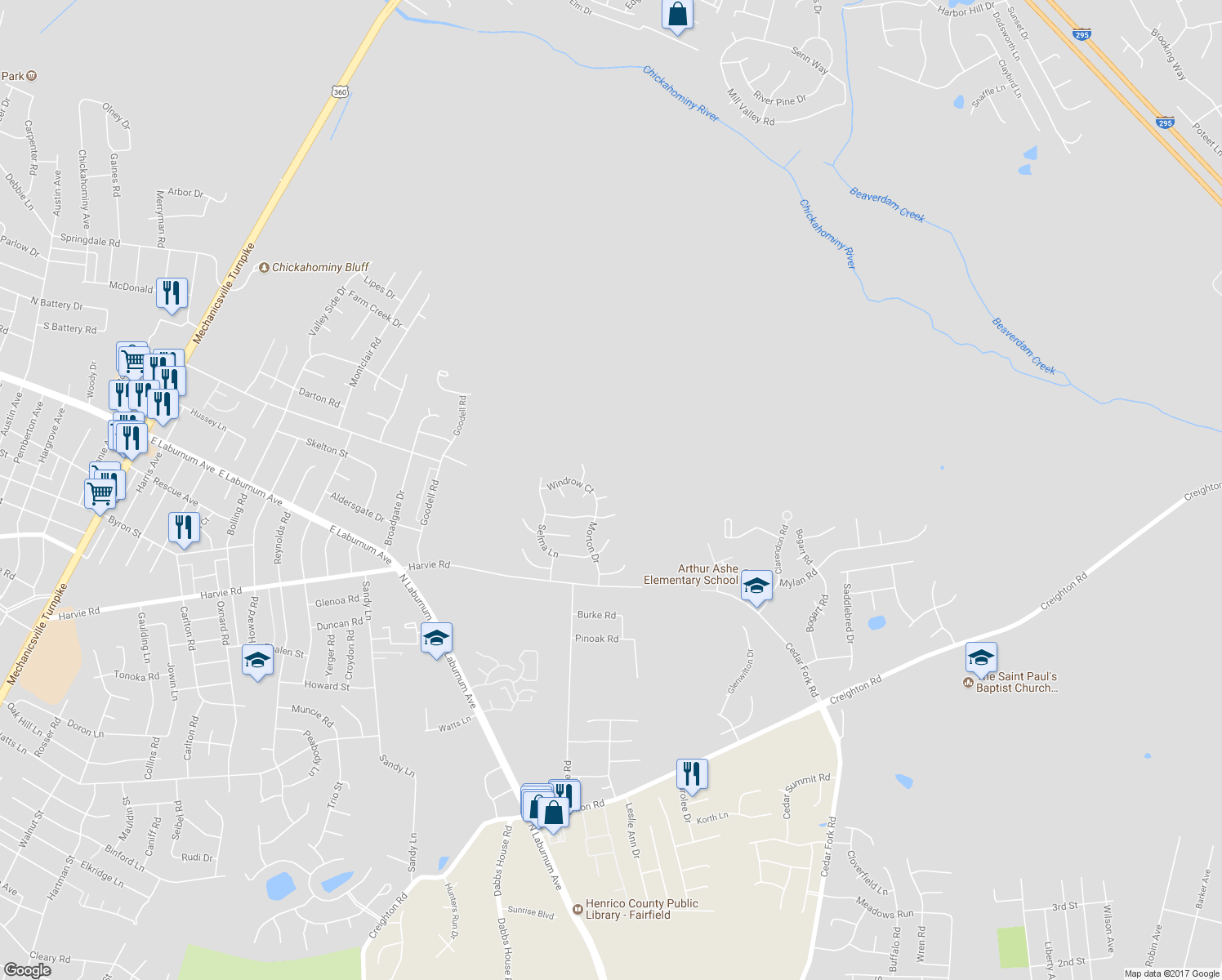 map of restaurants, bars, coffee shops, grocery stores, and more near 1400 Aiko Court in Richmond