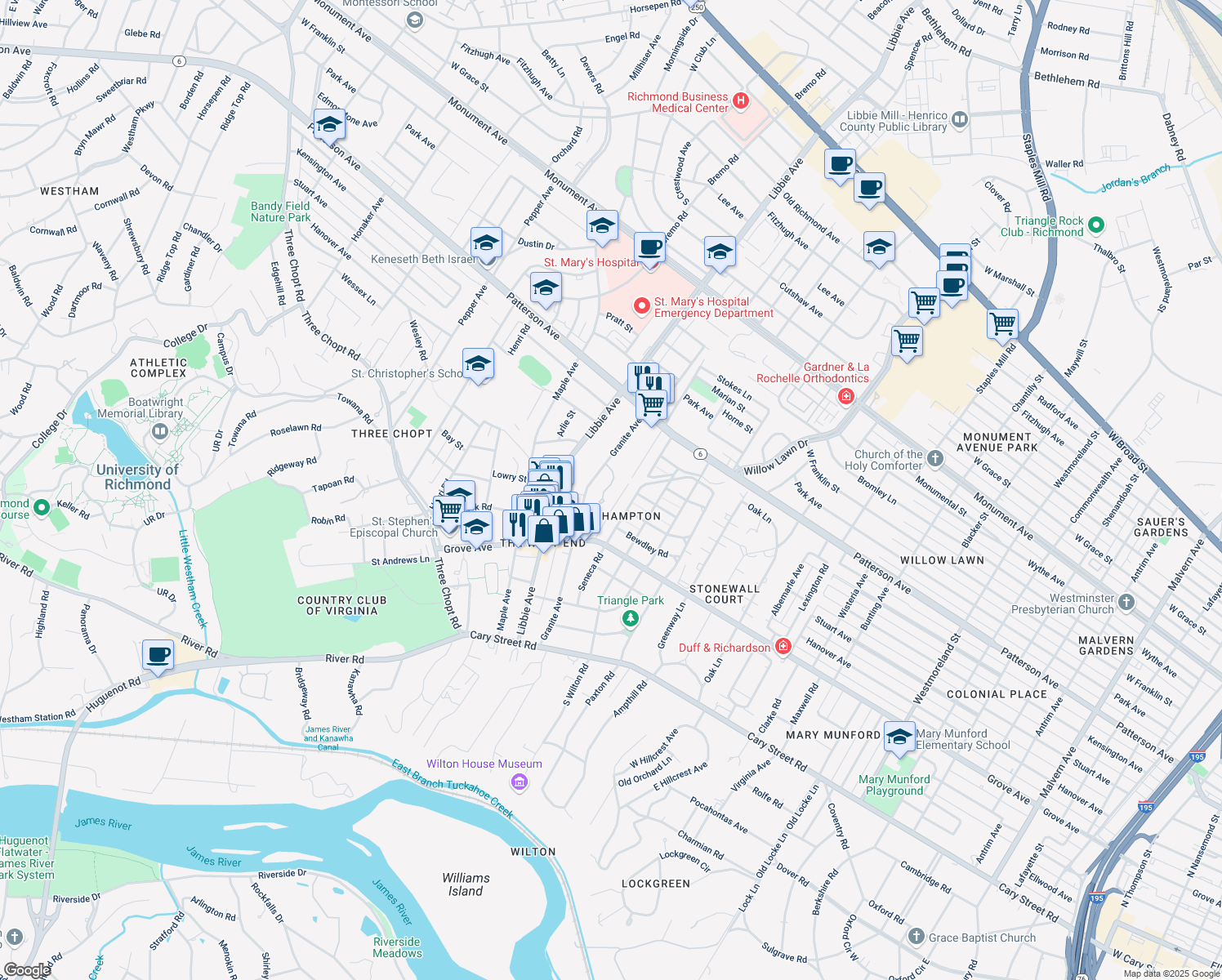 map of restaurants, bars, coffee shops, grocery stores, and more near 35 Hampton Commons Terrace in Richmond