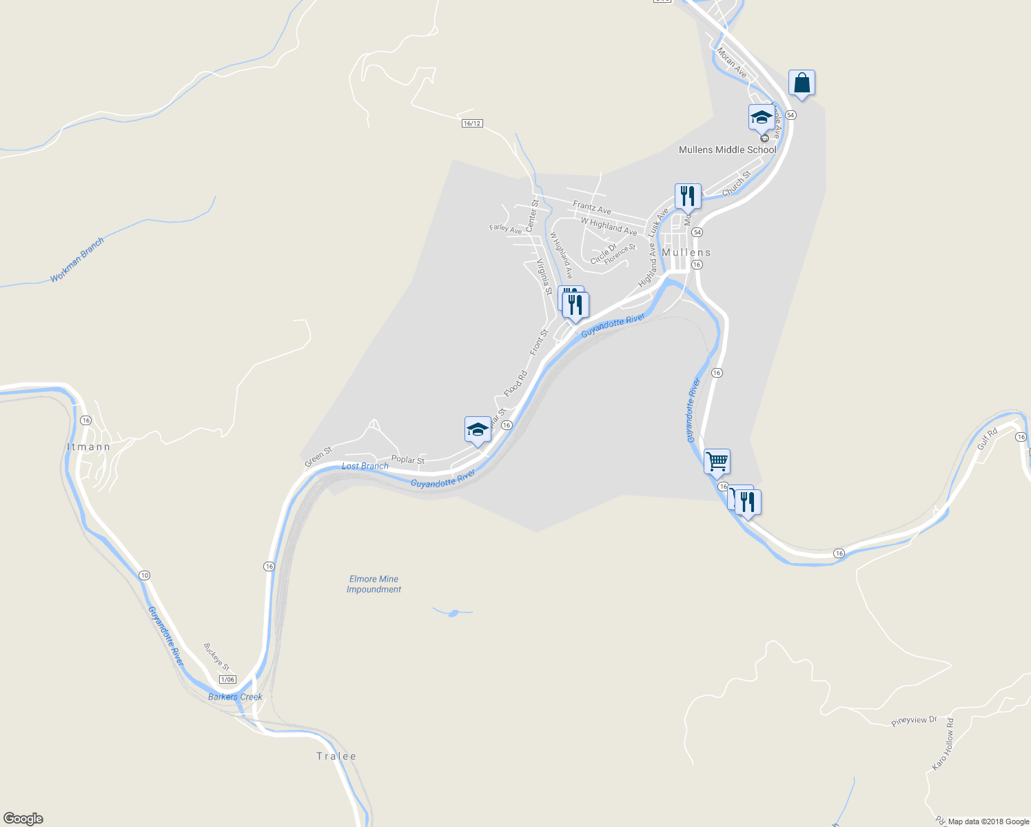 map of restaurants, bars, coffee shops, grocery stores, and more near Highway 16 in Mullens