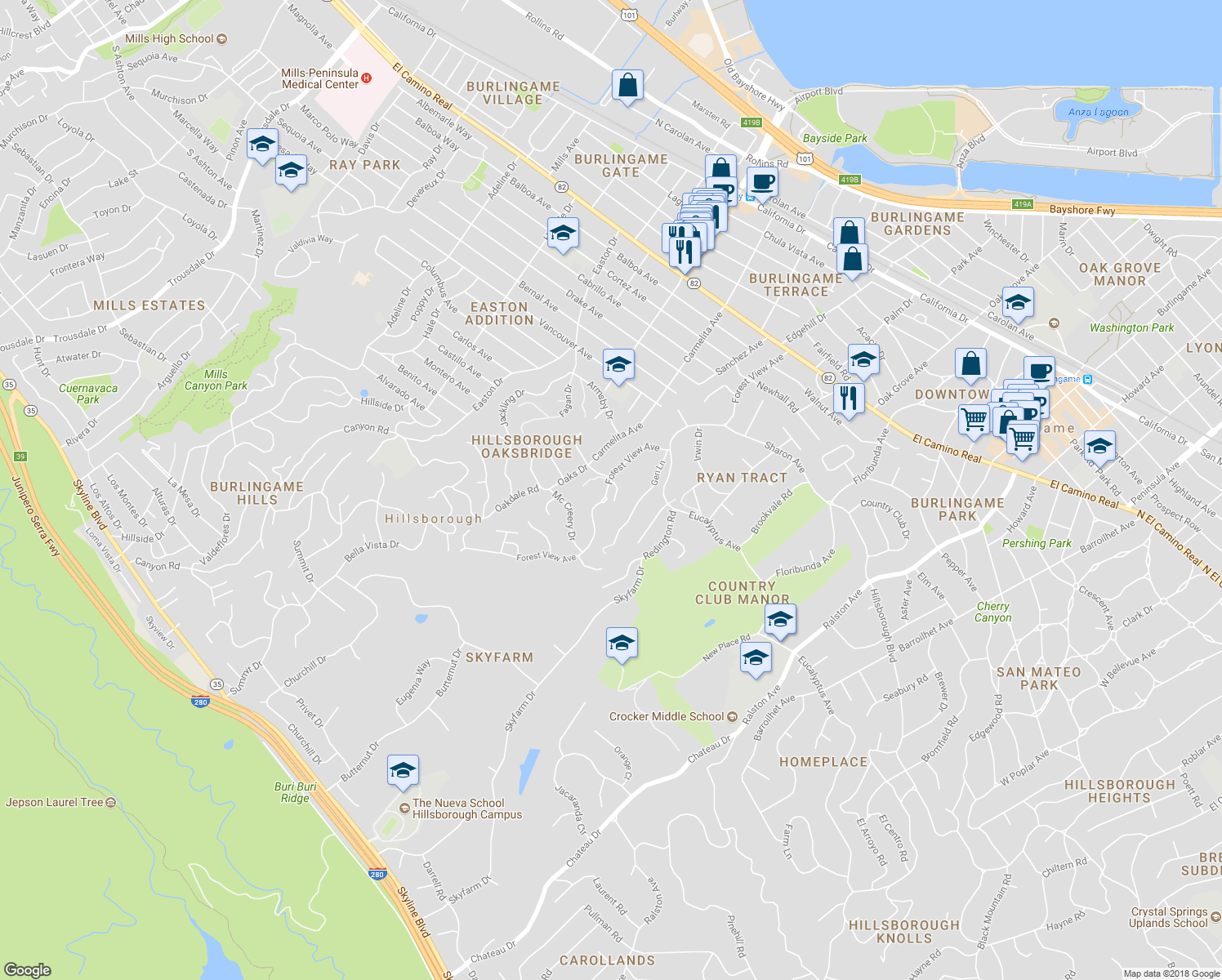 map of restaurants, bars, coffee shops, grocery stores, and more near 2105 Forest View Avenue in Hillsborough