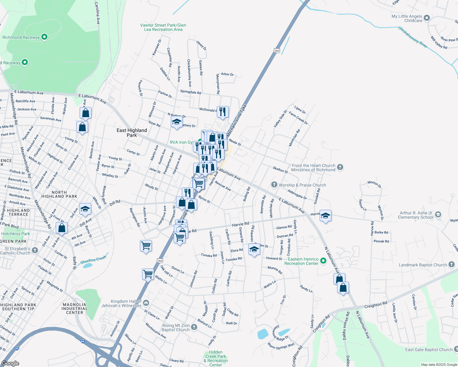 map of restaurants, bars, coffee shops, grocery stores, and more near 3704 Ammons Avenue in Richmond