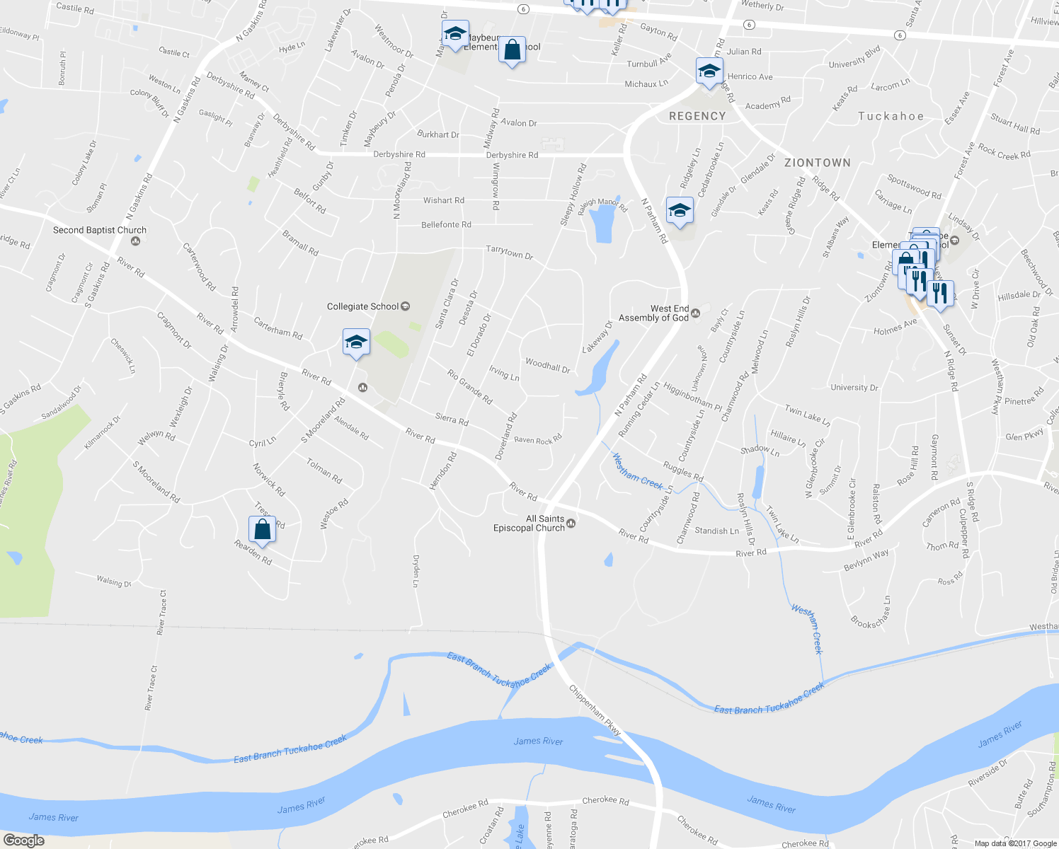 map of restaurants, bars, coffee shops, grocery stores, and more near 99 Doverland Road in Richmond