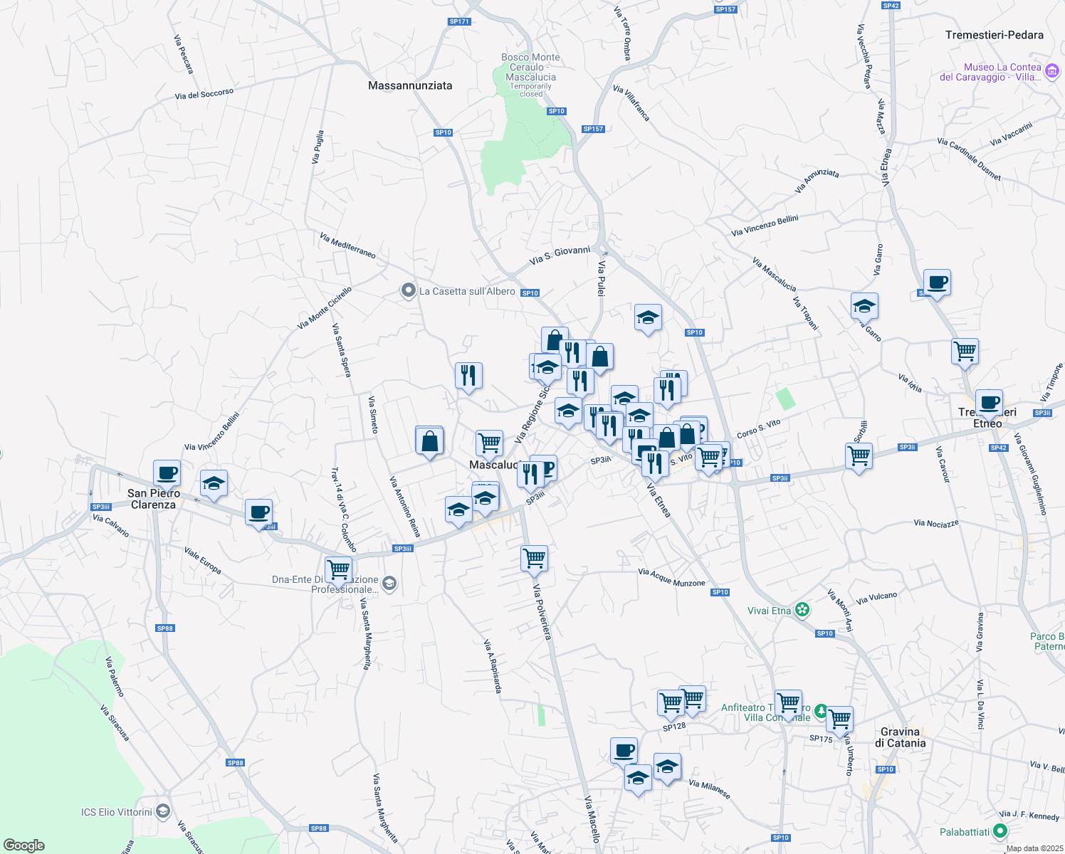 map of restaurants, bars, coffee shops, grocery stores, and more near 23 Via Affitto in Mascalucia