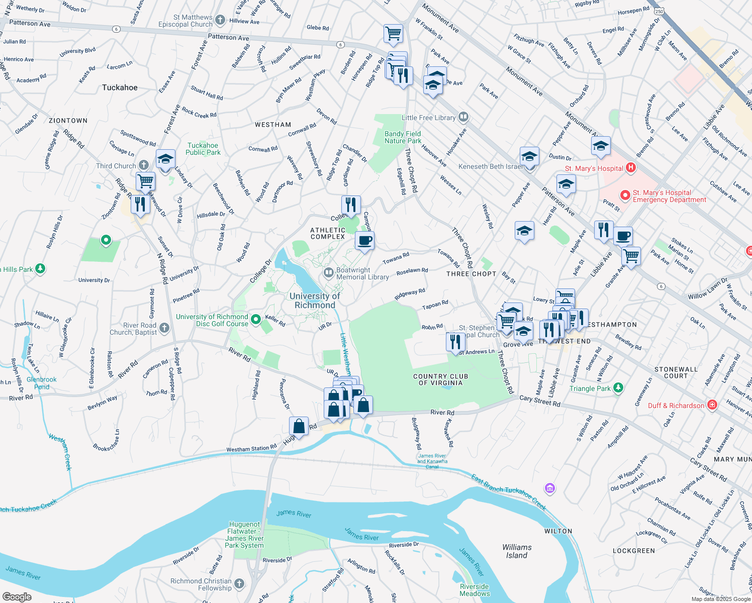 map of restaurants, bars, coffee shops, grocery stores, and more near 6336 Ridgeway Road in Richmond