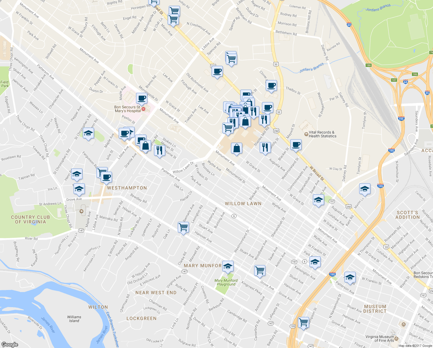 map of restaurants, bars, coffee shops, grocery stores, and more near 5006 Bromley Lane in Richmond