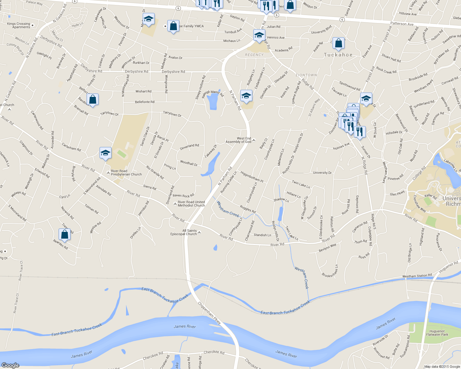 map of restaurants, bars, coffee shops, grocery stores, and more near 209 Running Cedar Lane in Richmond
