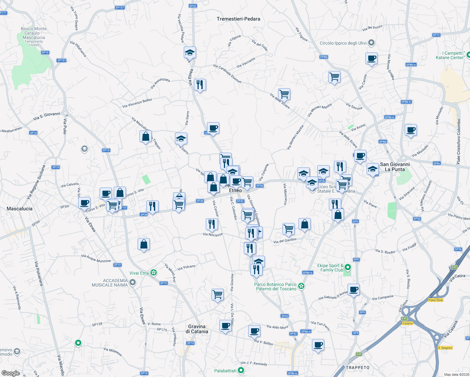 map of restaurants, bars, coffee shops, grocery stores, and more near 30 Via Marletta in Tremestieri Etneo