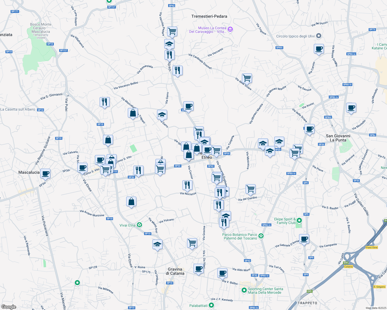 map of restaurants, bars, coffee shops, grocery stores, and more near 65 Via Vito Scalia in Tremestieri Etneo