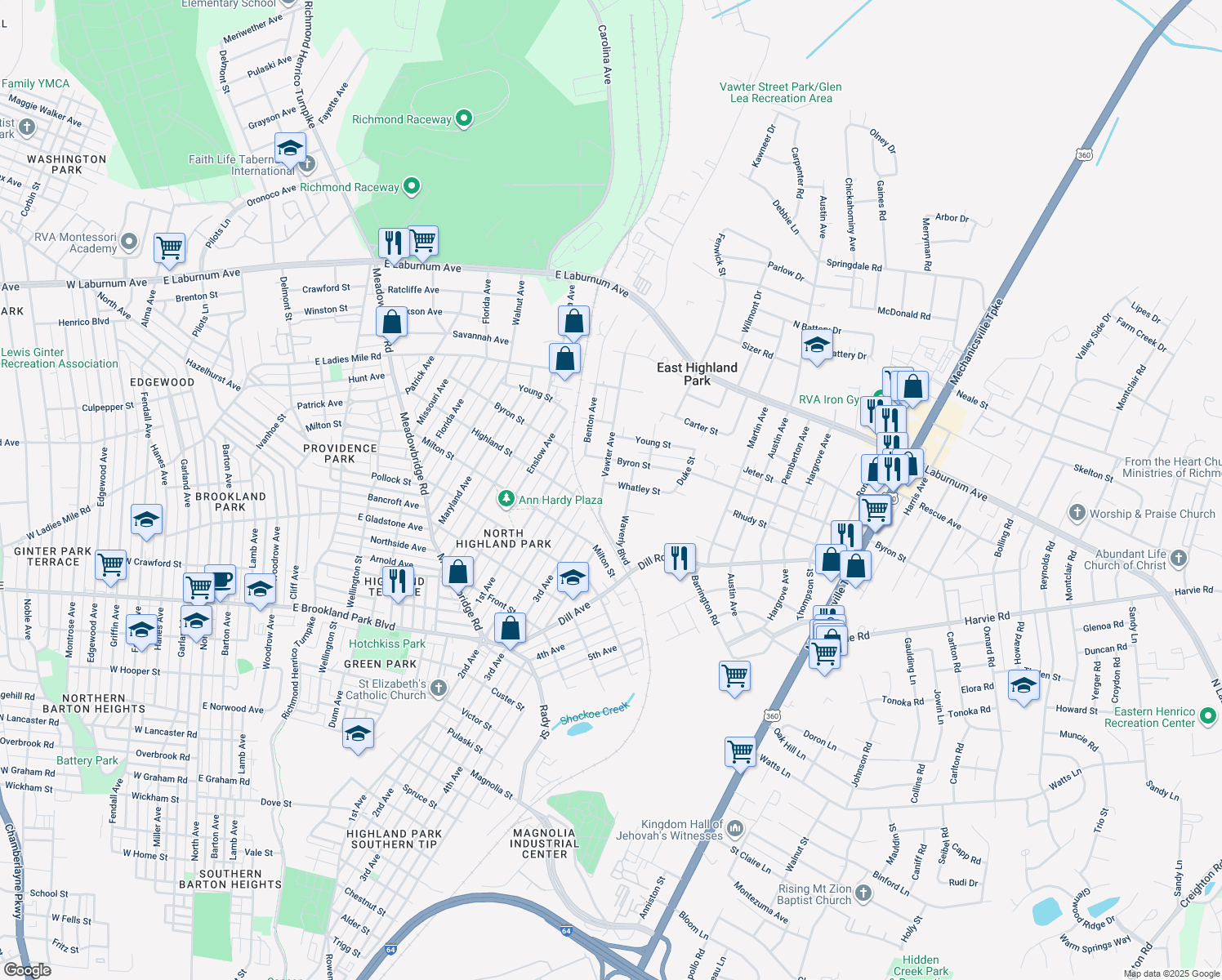 map of restaurants, bars, coffee shops, grocery stores, and more near 1403 Whatley Street in Richmond