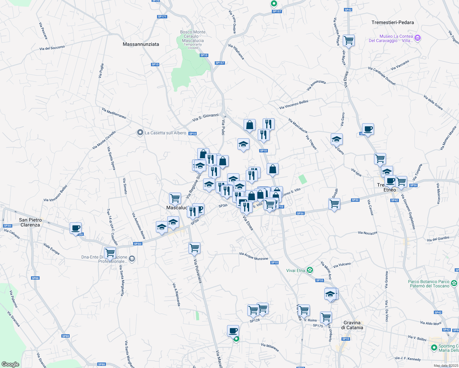 map of restaurants, bars, coffee shops, grocery stores, and more near 6 Vico Consoli in Mascalucia