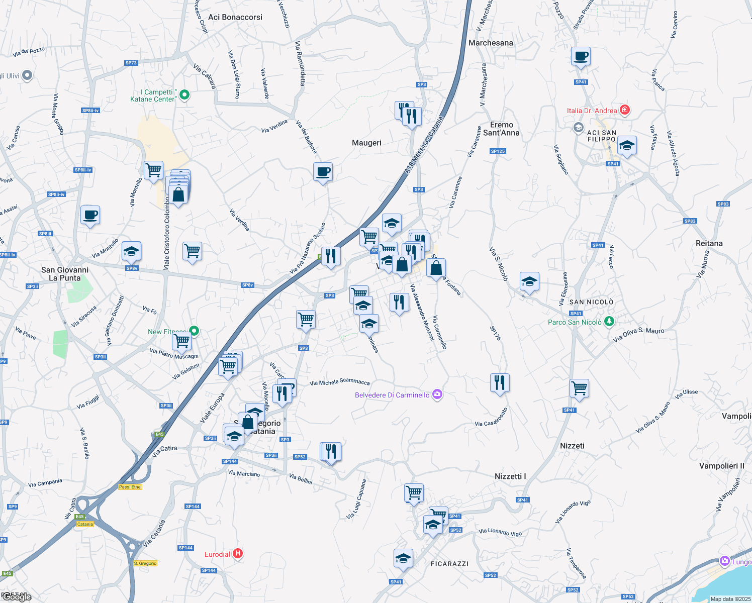 map of restaurants, bars, coffee shops, grocery stores, and more near 49 Via G. Bonaventura in Valverde