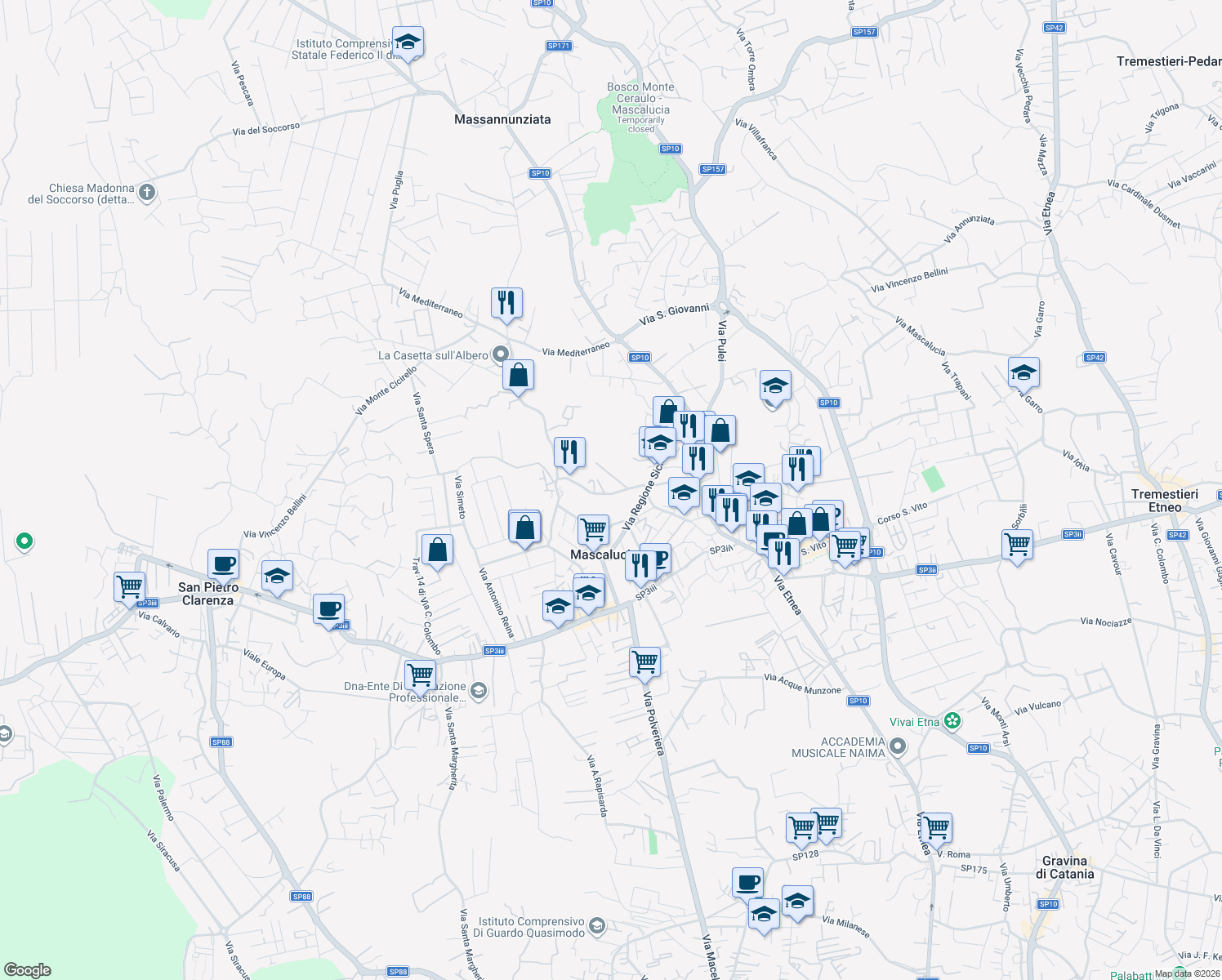 map of restaurants, bars, coffee shops, grocery stores, and more near 12 Via Santissimo Crocifisso in Mascalucia