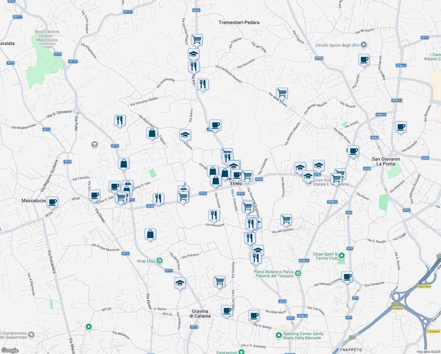 map of restaurants, bars, coffee shops, grocery stores, and more near 65 Via Vito Scalia in Tremestieri Etneo