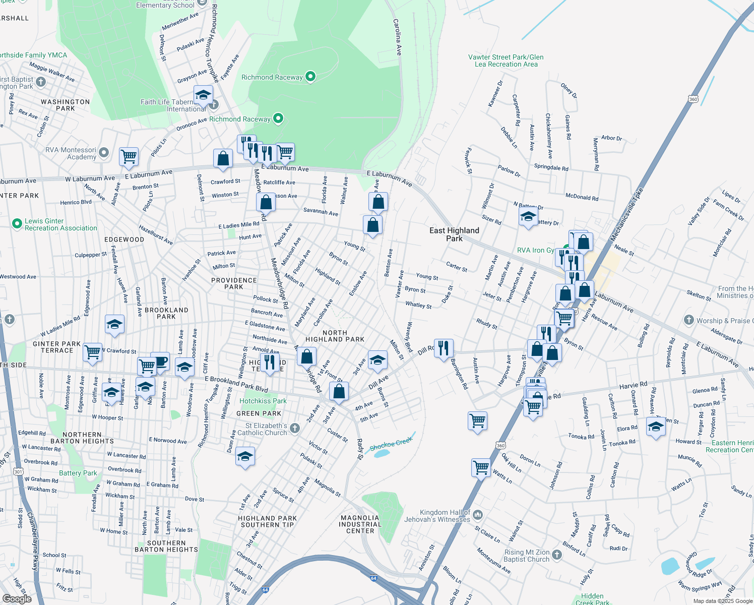 map of restaurants, bars, coffee shops, grocery stores, and more near 3504 2nd Avenue in Richmond