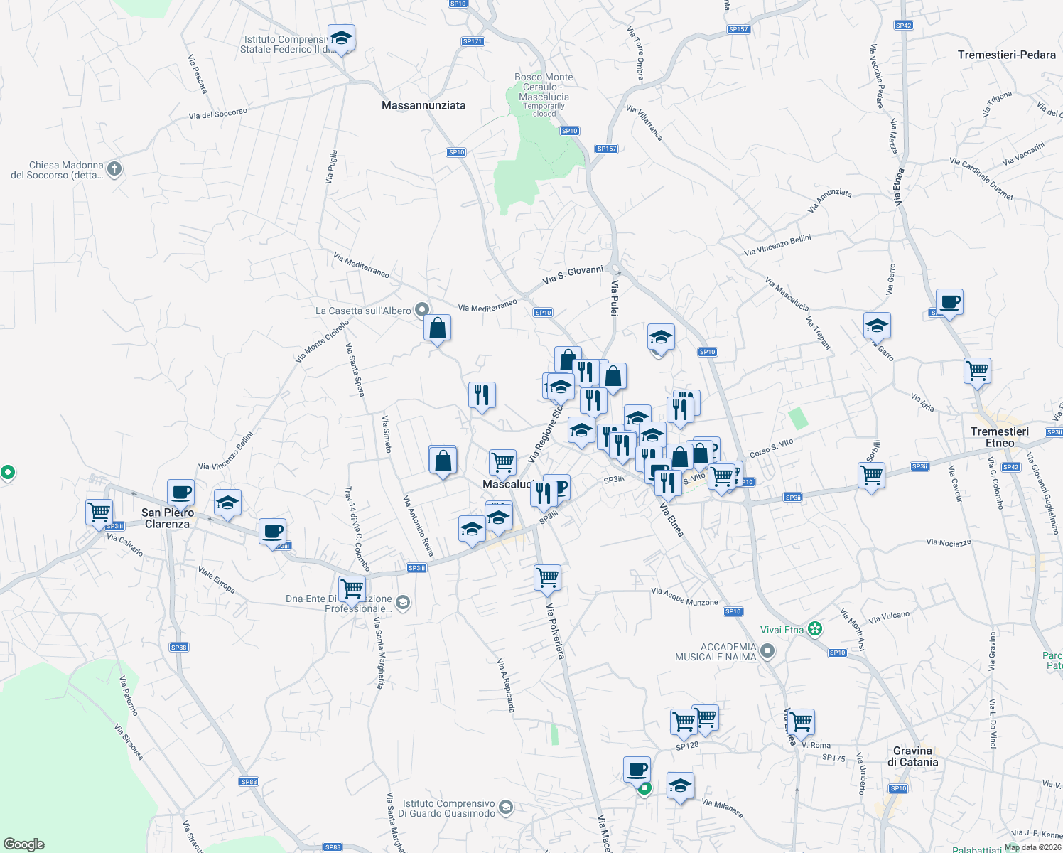map of restaurants, bars, coffee shops, grocery stores, and more near 10 Via Santissimo Crocifisso in Mascalucia