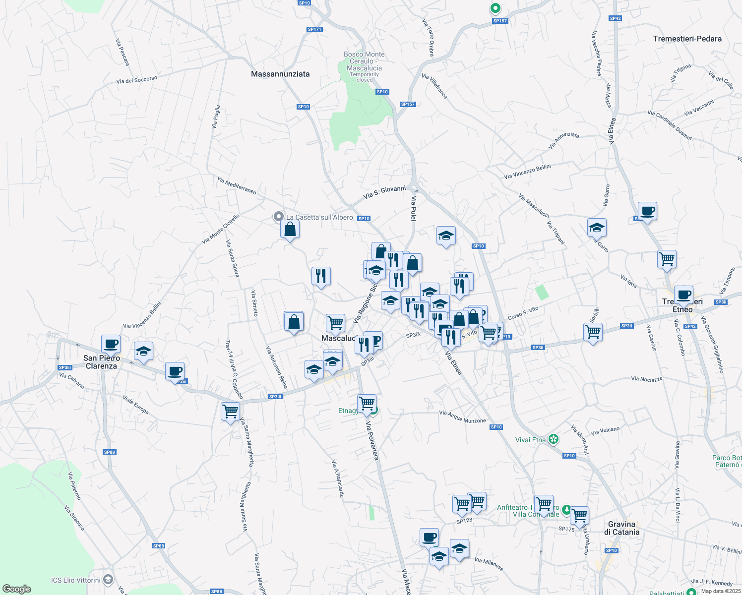 map of restaurants, bars, coffee shops, grocery stores, and more near 29 Via Reina Avvocato Vito in Mascalucia