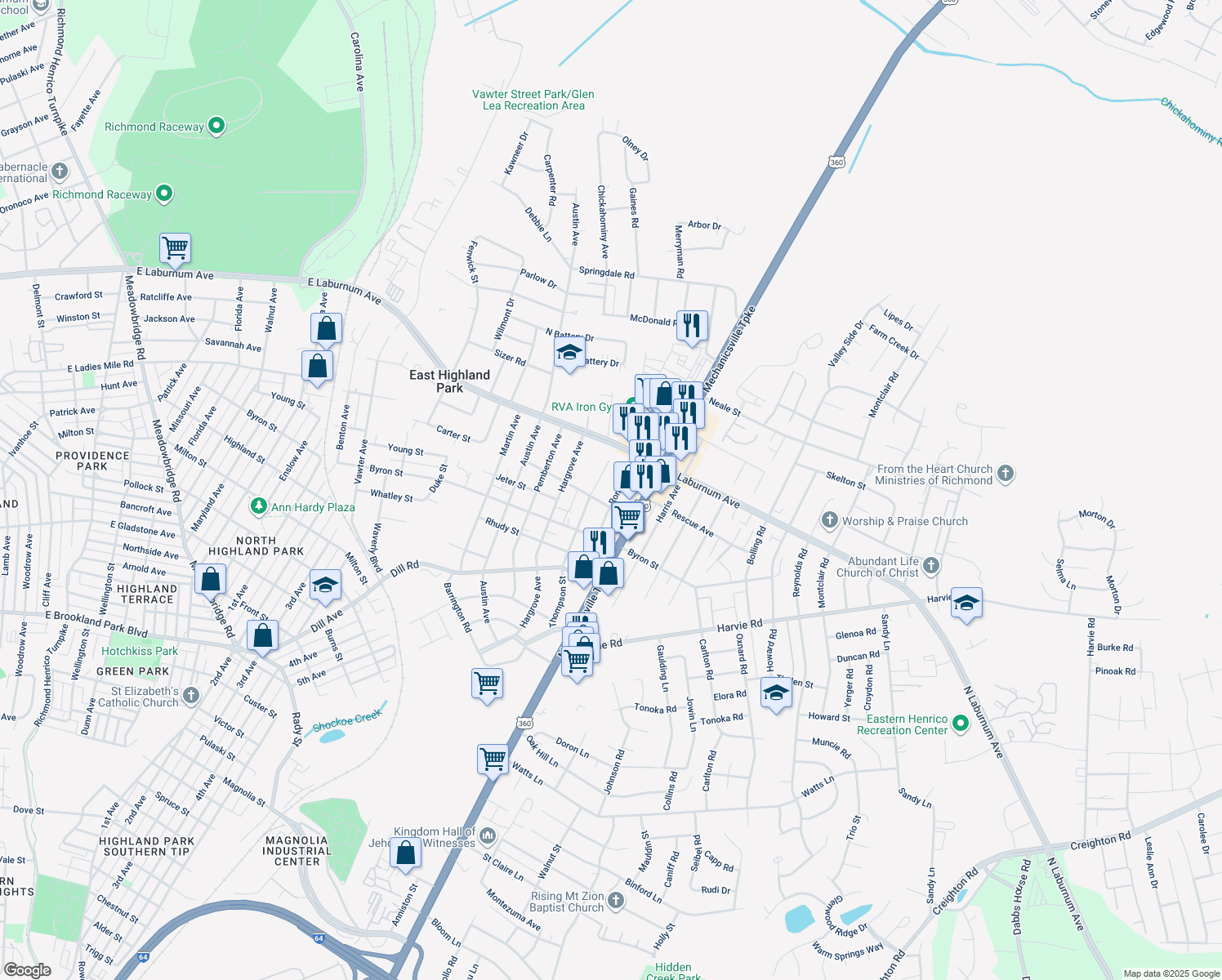 map of restaurants, bars, coffee shops, grocery stores, and more near 3806 Ronnie Ave in Richmond