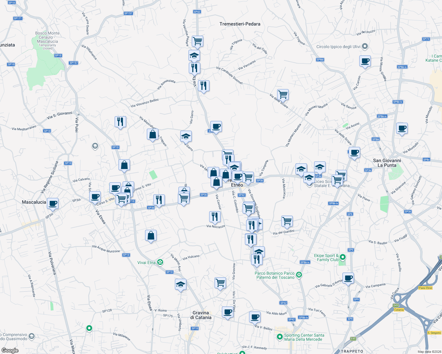 map of restaurants, bars, coffee shops, grocery stores, and more near 65 Via Vito Scalia in Tremestieri Etneo