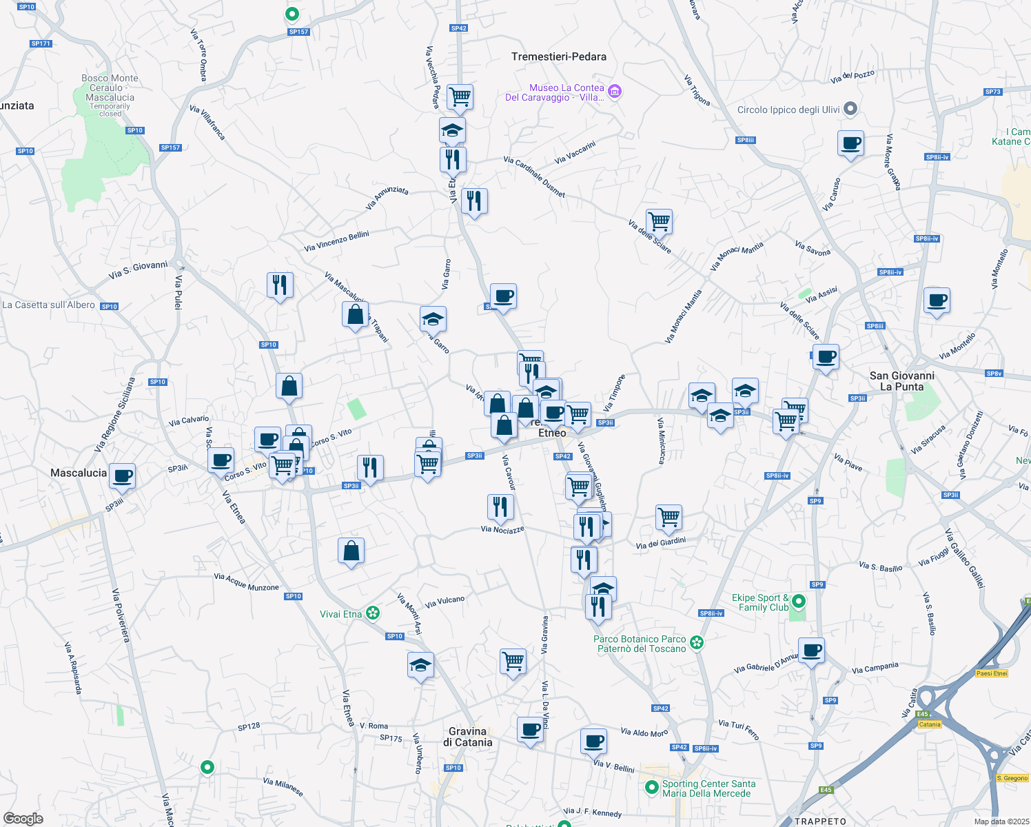 map of restaurants, bars, coffee shops, grocery stores, and more near 65 Via Vito Scalia in Tremestieri Etneo