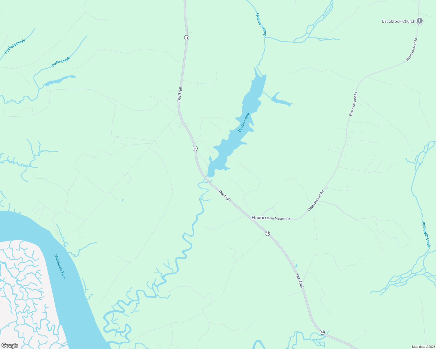 map of restaurants, bars, coffee shops, grocery stores, and more near Corbin Mill Pond Road in Mattaponi