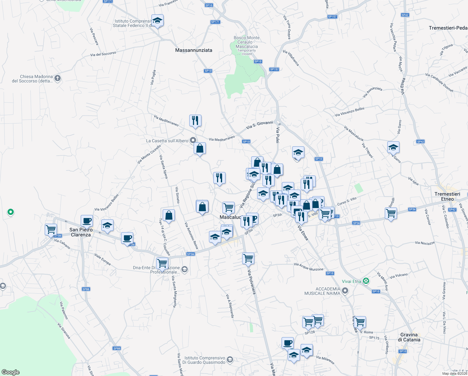 map of restaurants, bars, coffee shops, grocery stores, and more near 12 Via Santissimo Crocifisso in Mascalucia