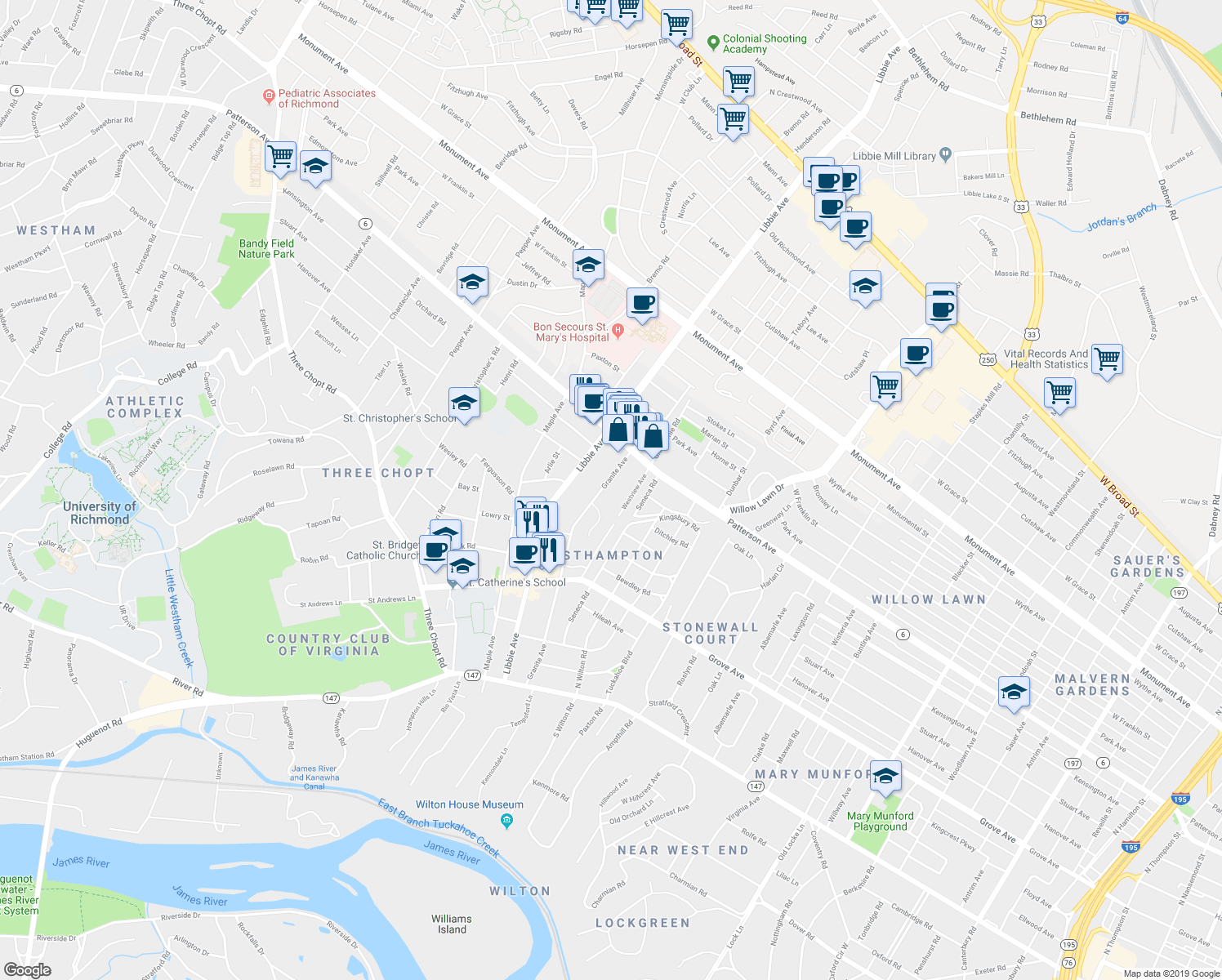 map of restaurants, bars, coffee shops, grocery stores, and more near 519 Granite Avenue in Richmond